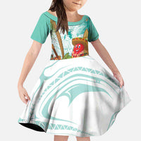 Hawaii Cinco de Mayo Family Matching Puletasi and Hawaiian Shirt Chili Pepper Hula Girl Tropical Vibes LT14 Daughter's Dress Turquoise - Polynesian Pride