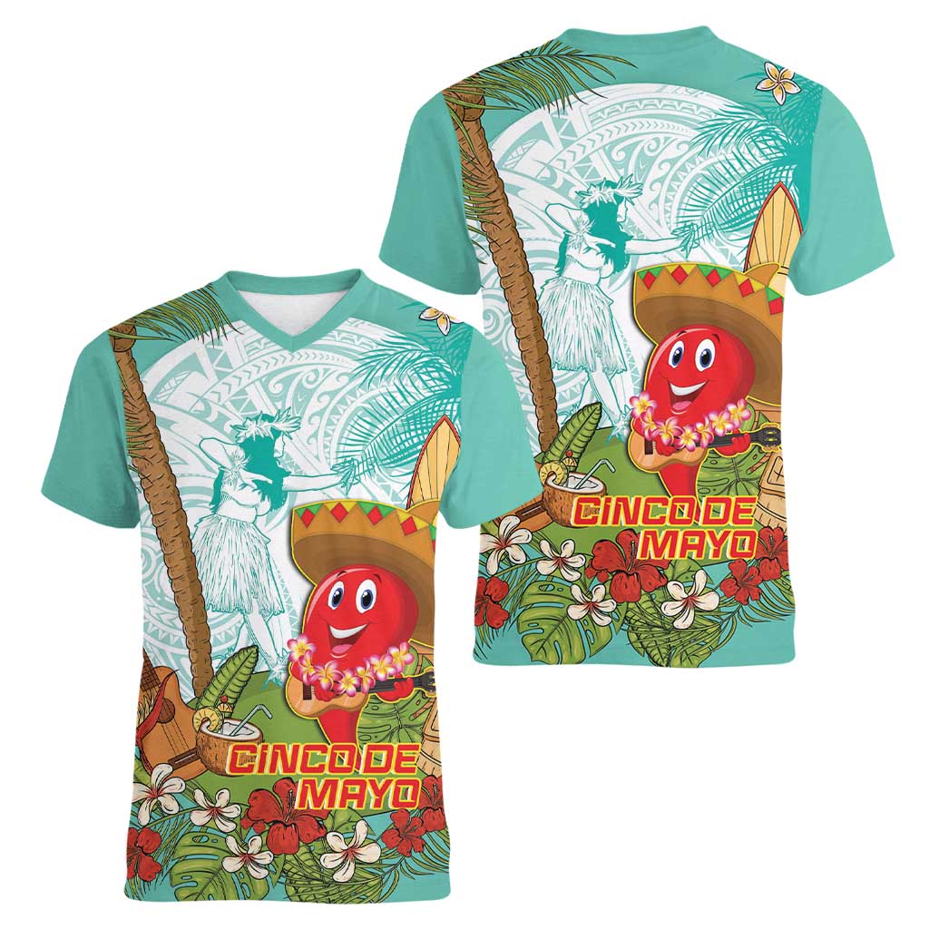 Hawaii Cinco de Mayo Women V-Neck T-Shirt Chili Pepper Hula Girl Tropical Vibes LT14 - Polynesian Pride