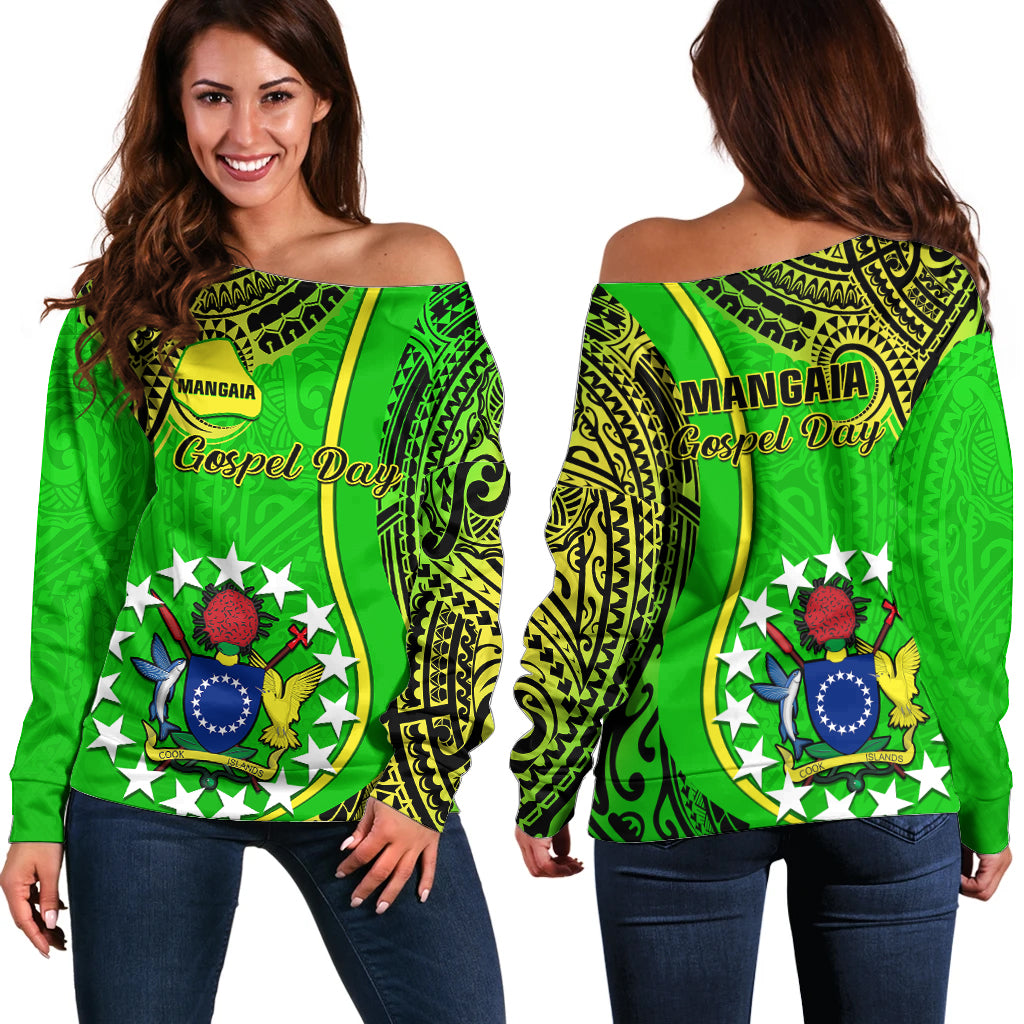 Polynesian Pride Cook Islands Off Shoulder Sweater Mangaia Gospel Day Green Version LT14 Women Green - Polynesian Pride