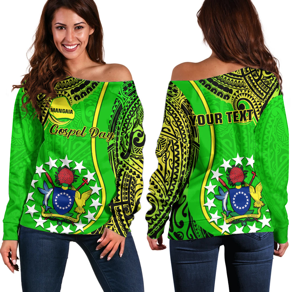Personalised Cook Islands Off Shoulder Sweater Mangaia Gospel Day Green Version LT14 Women Green - Polynesian Pride