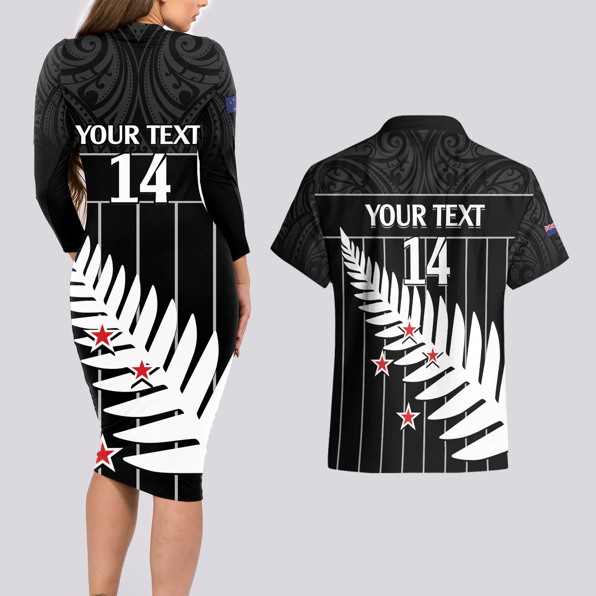 Custom New Zealand Silver Fern Cricket Couples Matching Long Sleeve Bodycon Dress and Hawaiian Shirt Aotearoa Maori Go Black Cap LT14 - Polynesian Pride