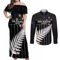 Custom New Zealand Silver Fern Cricket Couples Matching Off Shoulder Maxi Dress and Long Sleeve Button Shirt Aotearoa Maori Go Black Cap LT14 Black - Polynesian Pride