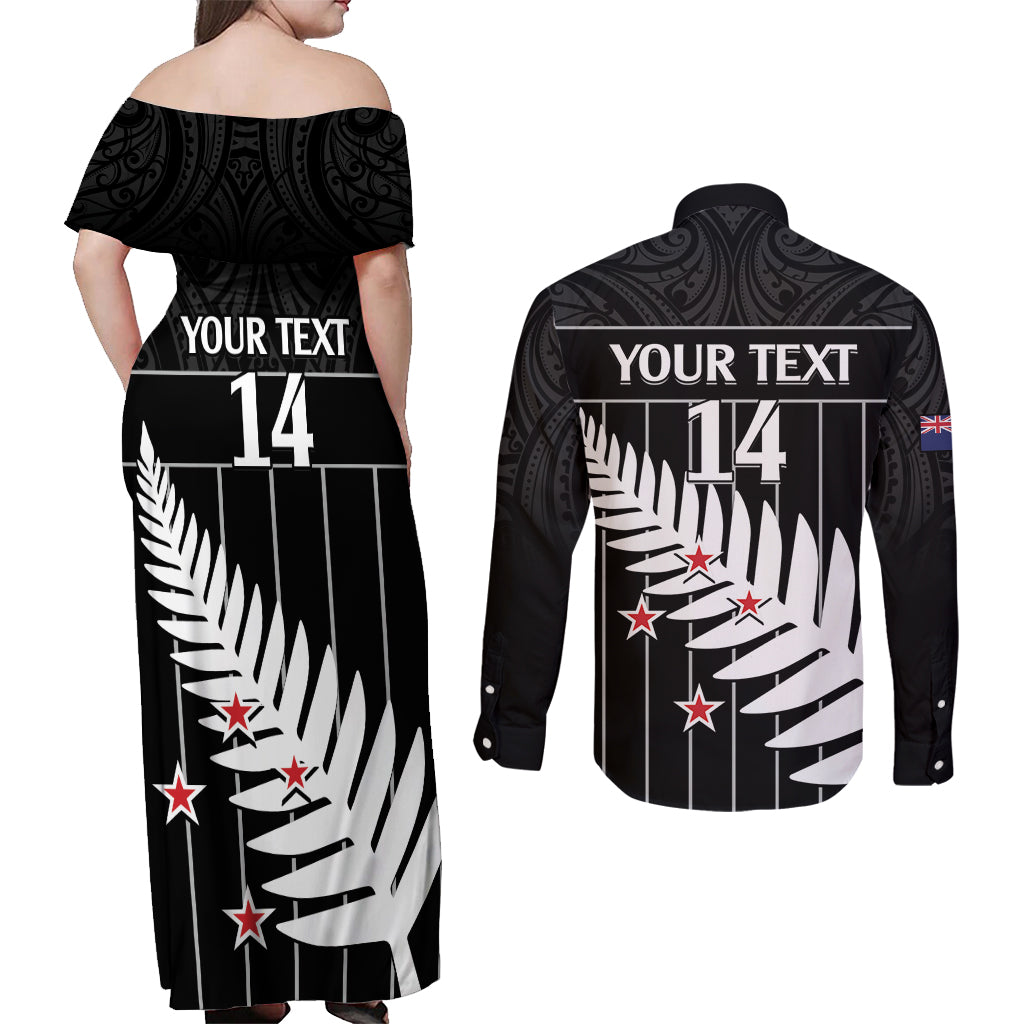 Custom New Zealand Silver Fern Cricket Couples Matching Off Shoulder Maxi Dress and Long Sleeve Button Shirt Aotearoa Maori Go Black Cap LT14 - Polynesian Pride