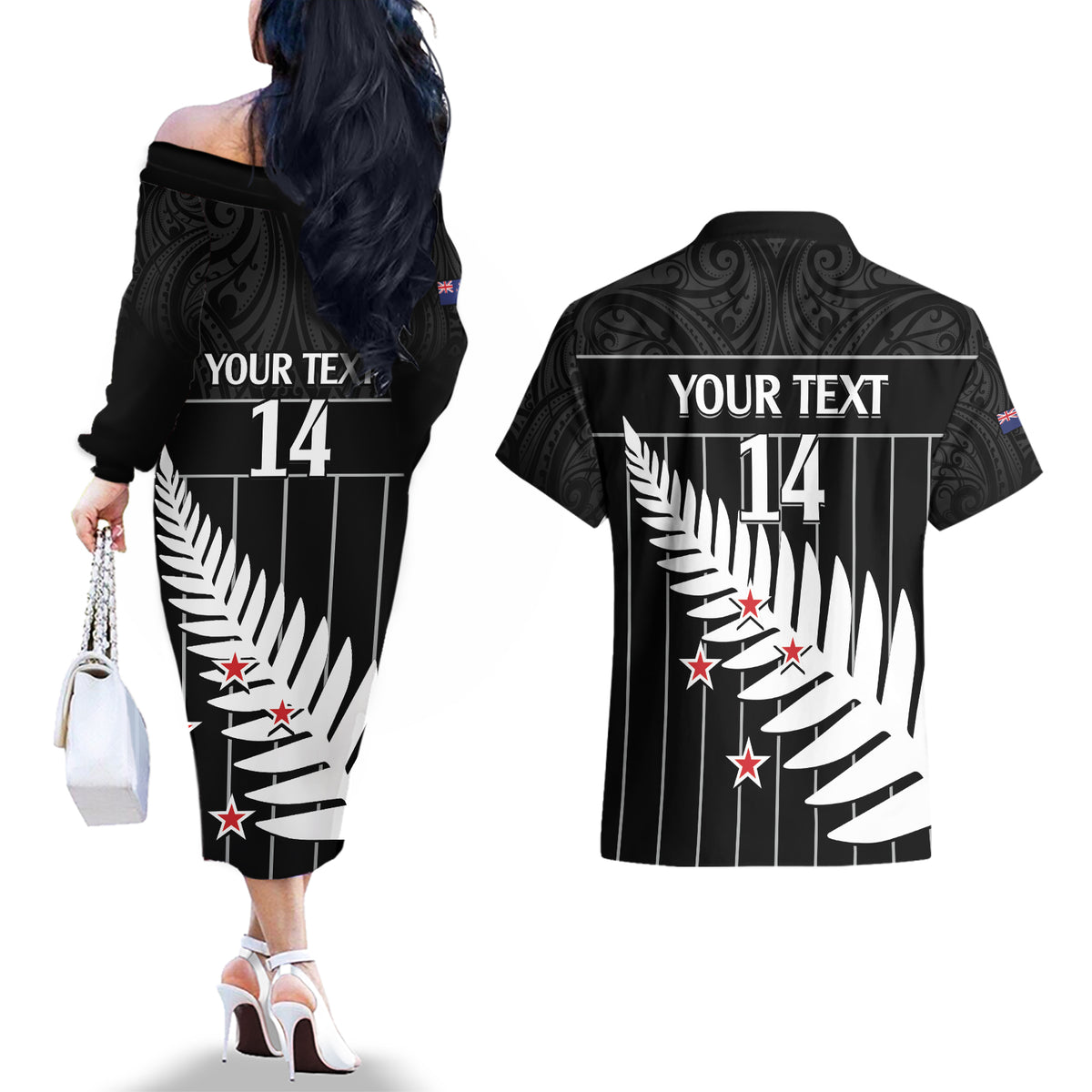 Custom New Zealand Silver Fern Cricket Couples Matching Off The Shoulder Long Sleeve Dress and Hawaiian Shirt Aotearoa Maori Go Black Cap LT14 - Polynesian Pride