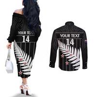 Custom New Zealand Silver Fern Cricket Couples Matching Off The Shoulder Long Sleeve Dress and Long Sleeve Button Shirt Aotearoa Maori Go Black Cap LT14 - Polynesian Pride