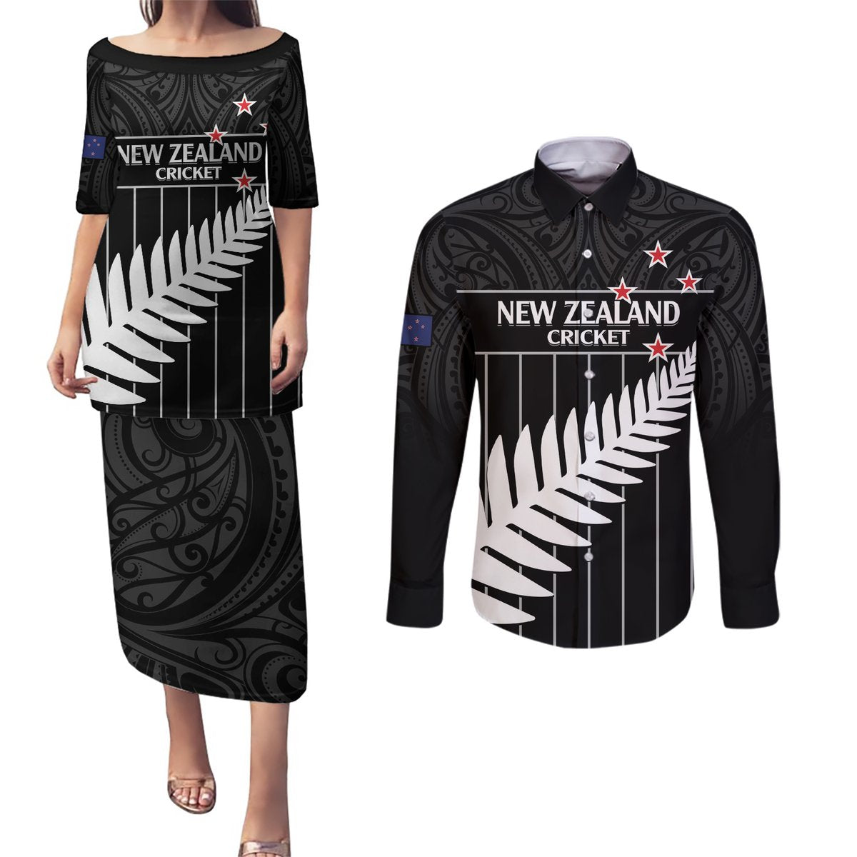 Custom New Zealand Silver Fern Cricket Couples Matching Puletasi and Long Sleeve Button Shirt Aotearoa Maori Go Black Cap LT14 Black - Polynesian Pride