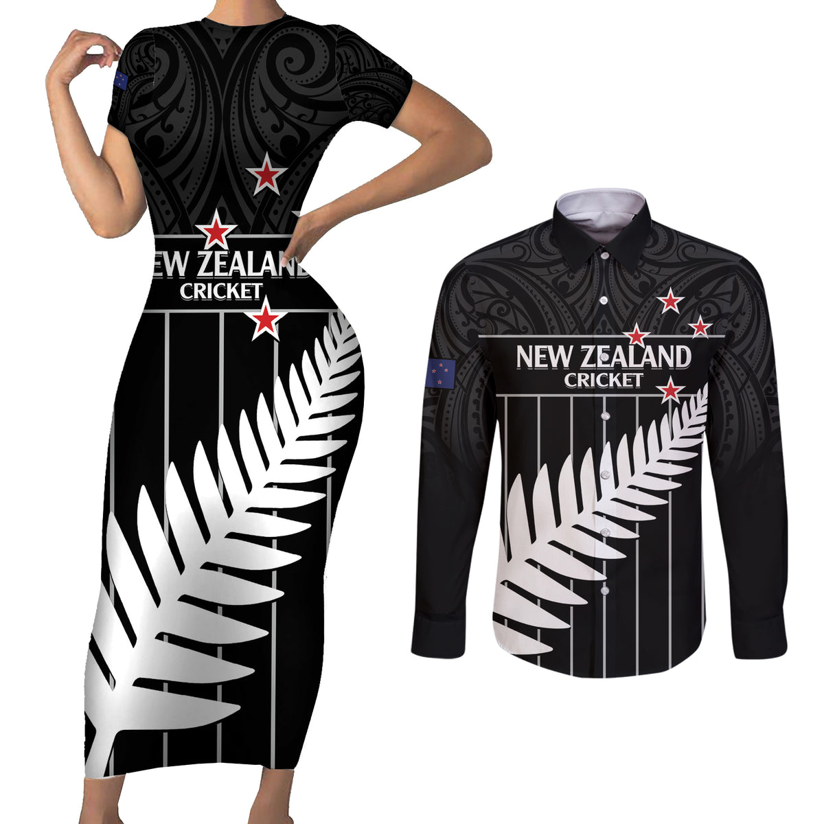 Custom New Zealand Silver Fern Cricket Couples Matching Short Sleeve Bodycon Dress and Long Sleeve Button Shirt Aotearoa Maori Go Black Cap LT14 Black - Polynesian Pride