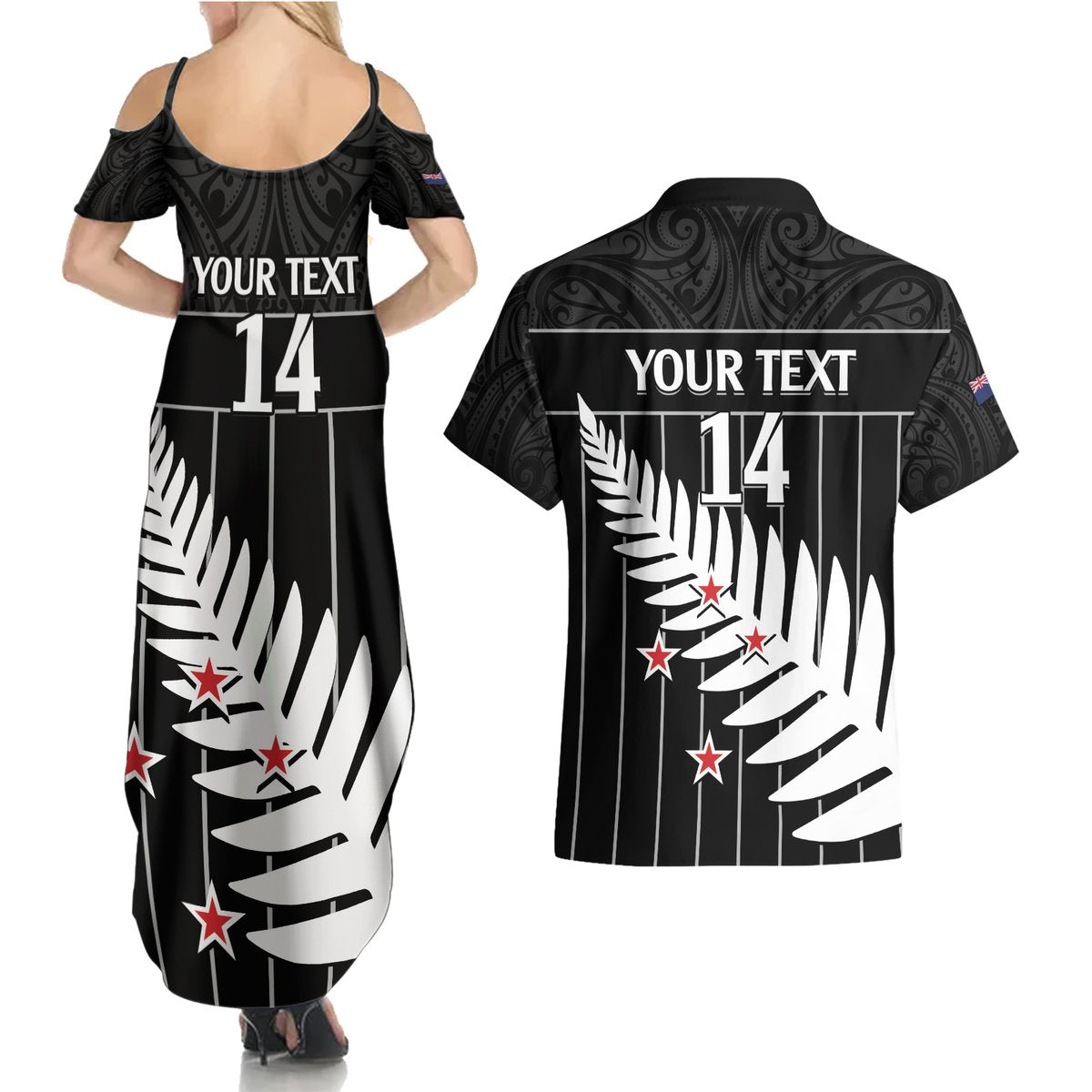 Custom New Zealand Silver Fern Cricket Couples Matching Summer Maxi Dress and Hawaiian Shirt Aotearoa Maori Go Black Cap LT14 - Polynesian Pride