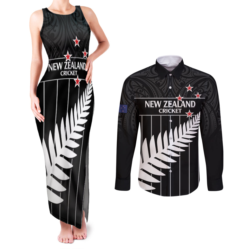 Custom New Zealand Silver Fern Cricket Couples Matching Tank Maxi Dress and Long Sleeve Button Shirt Aotearoa Maori Go Black Cap LT14 Black - Polynesian Pride