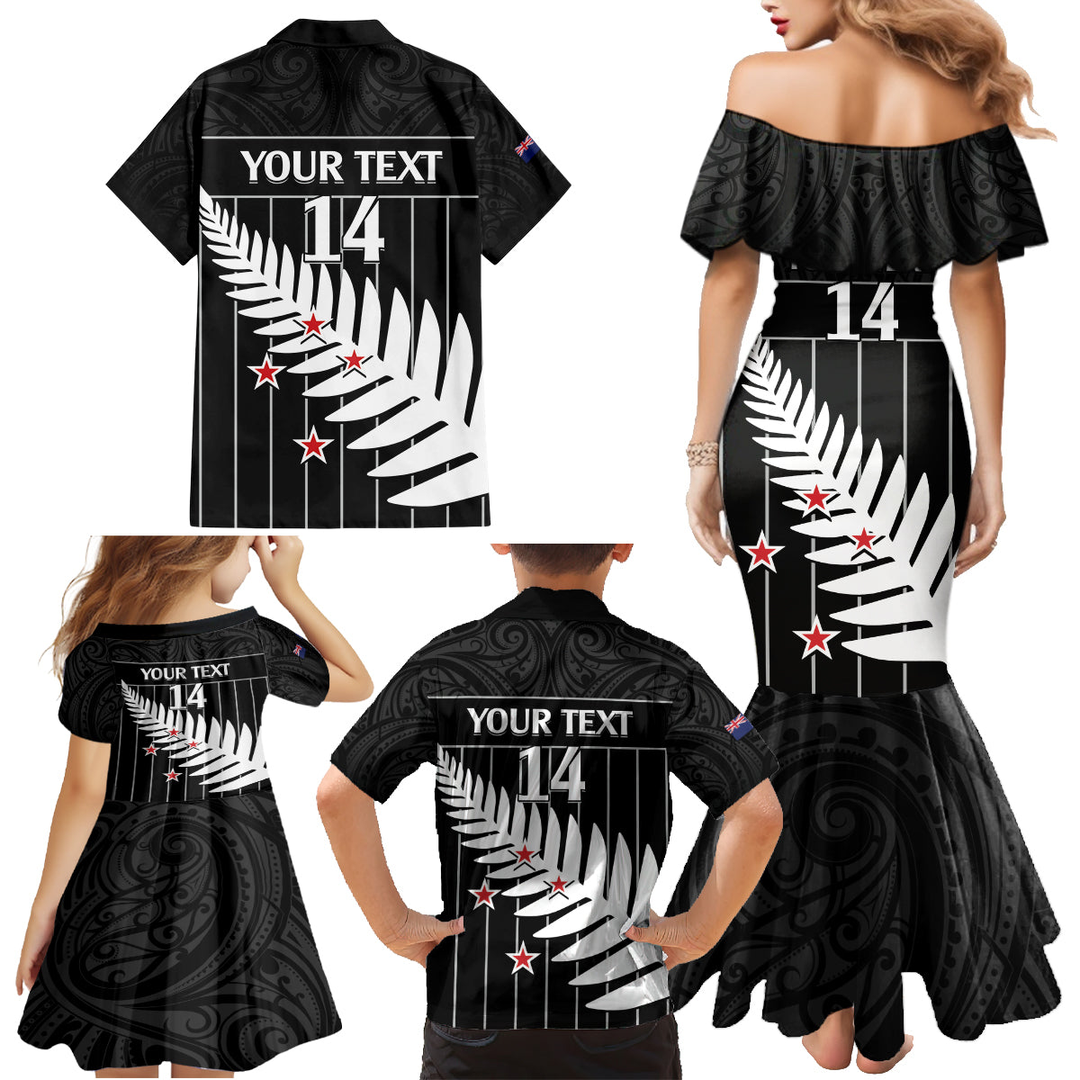 Custom New Zealand Silver Fern Cricket Family Matching Mermaid Dress and Hawaiian Shirt Aotearoa Maori Go Black Cap LT14 - Polynesian Pride