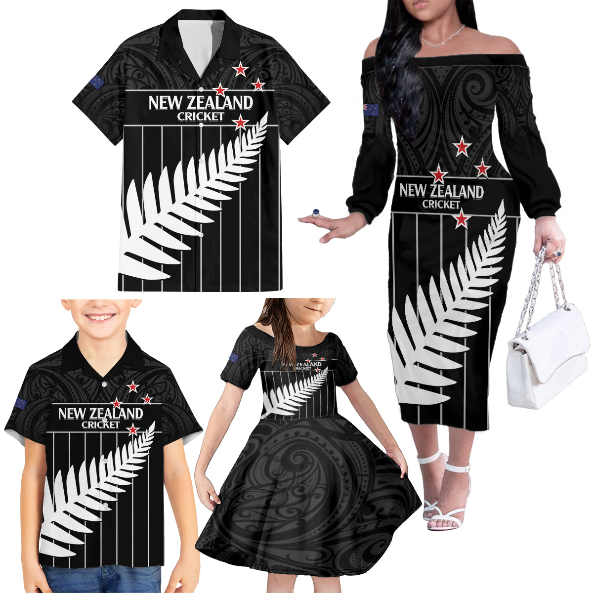 Custom New Zealand Silver Fern Cricket Family Matching Off The Shoulder Long Sleeve Dress and Hawaiian Shirt Aotearoa Maori Go Black Cap LT14 - Polynesian Pride