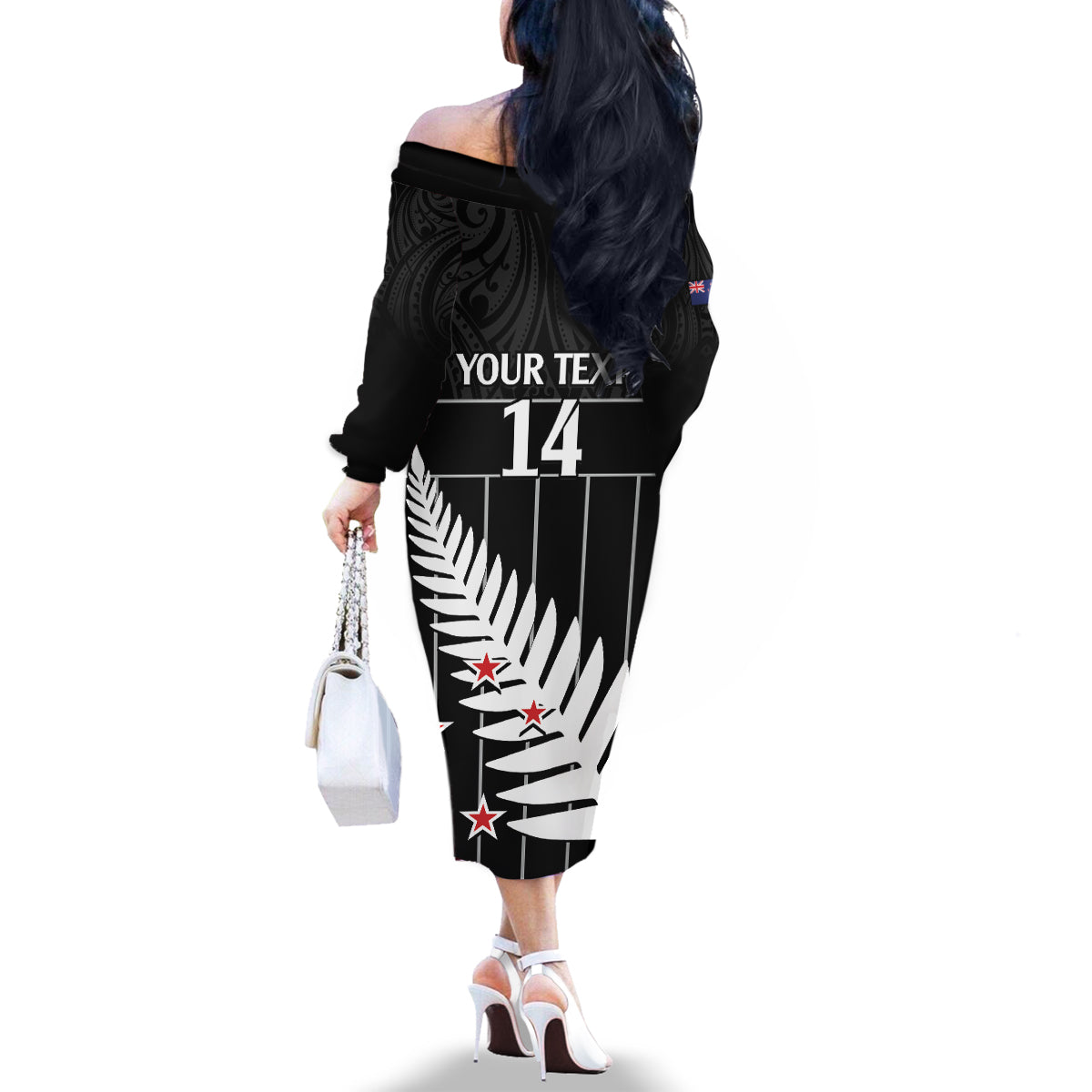 Custom New Zealand Silver Fern Cricket Family Matching Off The Shoulder Long Sleeve Dress and Hawaiian Shirt Aotearoa Maori Go Black Cap LT14 - Polynesian Pride