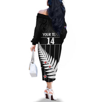 Custom New Zealand Silver Fern Cricket Family Matching Off The Shoulder Long Sleeve Dress and Hawaiian Shirt Aotearoa Maori Go Black Cap LT14 - Polynesian Pride