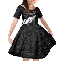Custom New Zealand Silver Fern Cricket Family Matching Off Shoulder Short Dress and Hawaiian Shirt Aotearoa Maori Go Black Cap LT14 Daughter's Dress Black - Polynesian Pride