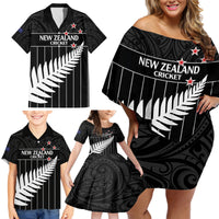 Custom New Zealand Silver Fern Cricket Family Matching Off Shoulder Short Dress and Hawaiian Shirt Aotearoa Maori Go Black Cap LT14 - Polynesian Pride