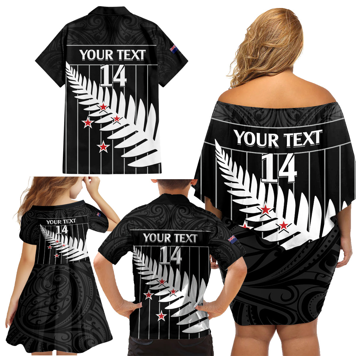 Custom New Zealand Silver Fern Cricket Family Matching Off Shoulder Short Dress and Hawaiian Shirt Aotearoa Maori Go Black Cap LT14 - Polynesian Pride