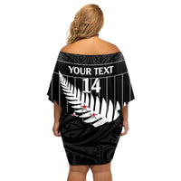 Custom New Zealand Silver Fern Cricket Family Matching Off Shoulder Short Dress and Hawaiian Shirt Aotearoa Maori Go Black Cap LT14 - Polynesian Pride