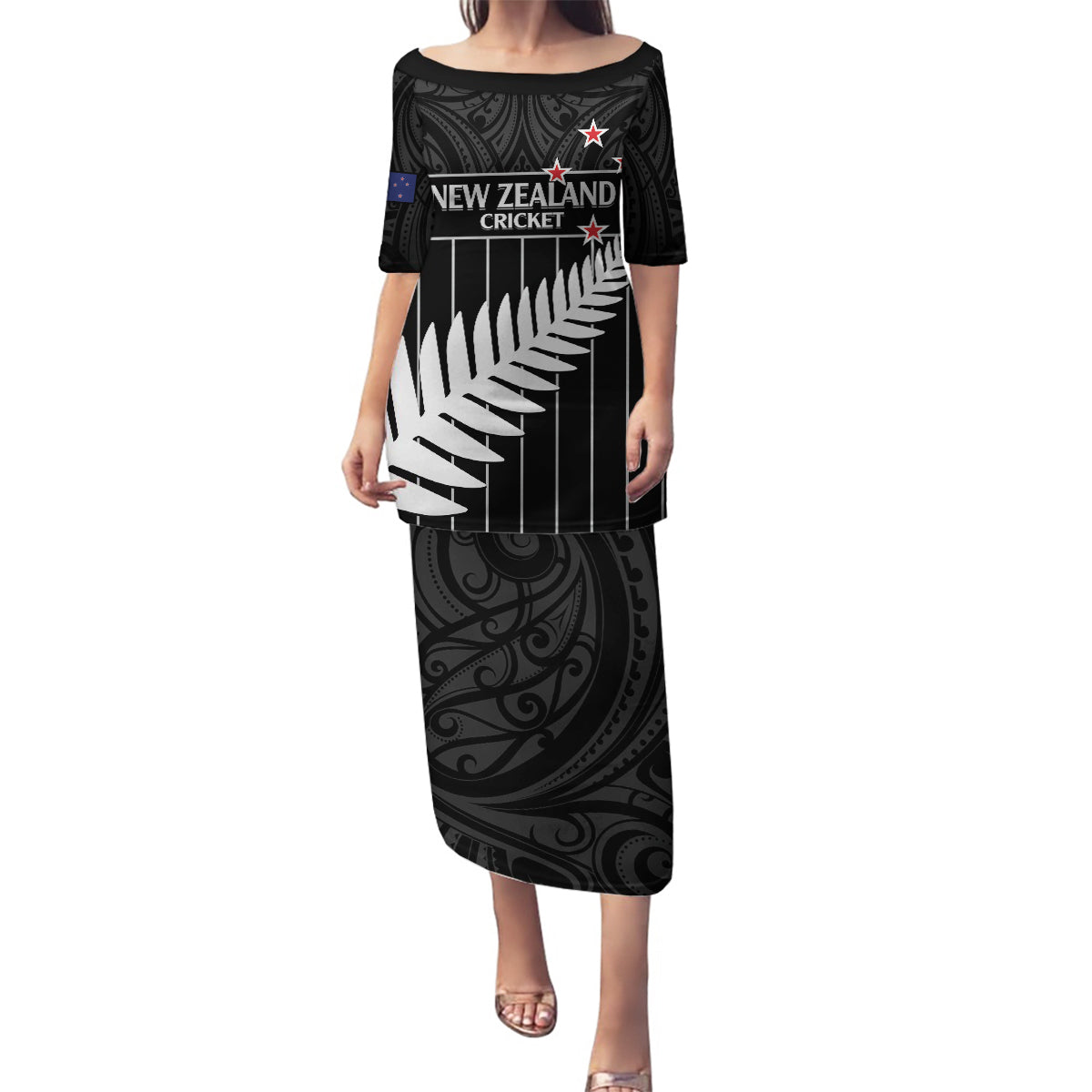Custom New Zealand Silver Fern Cricket Family Matching Puletasi and Hawaiian Shirt Aotearoa Maori Go Black Cap LT14 Mom's Dress Black - Polynesian Pride