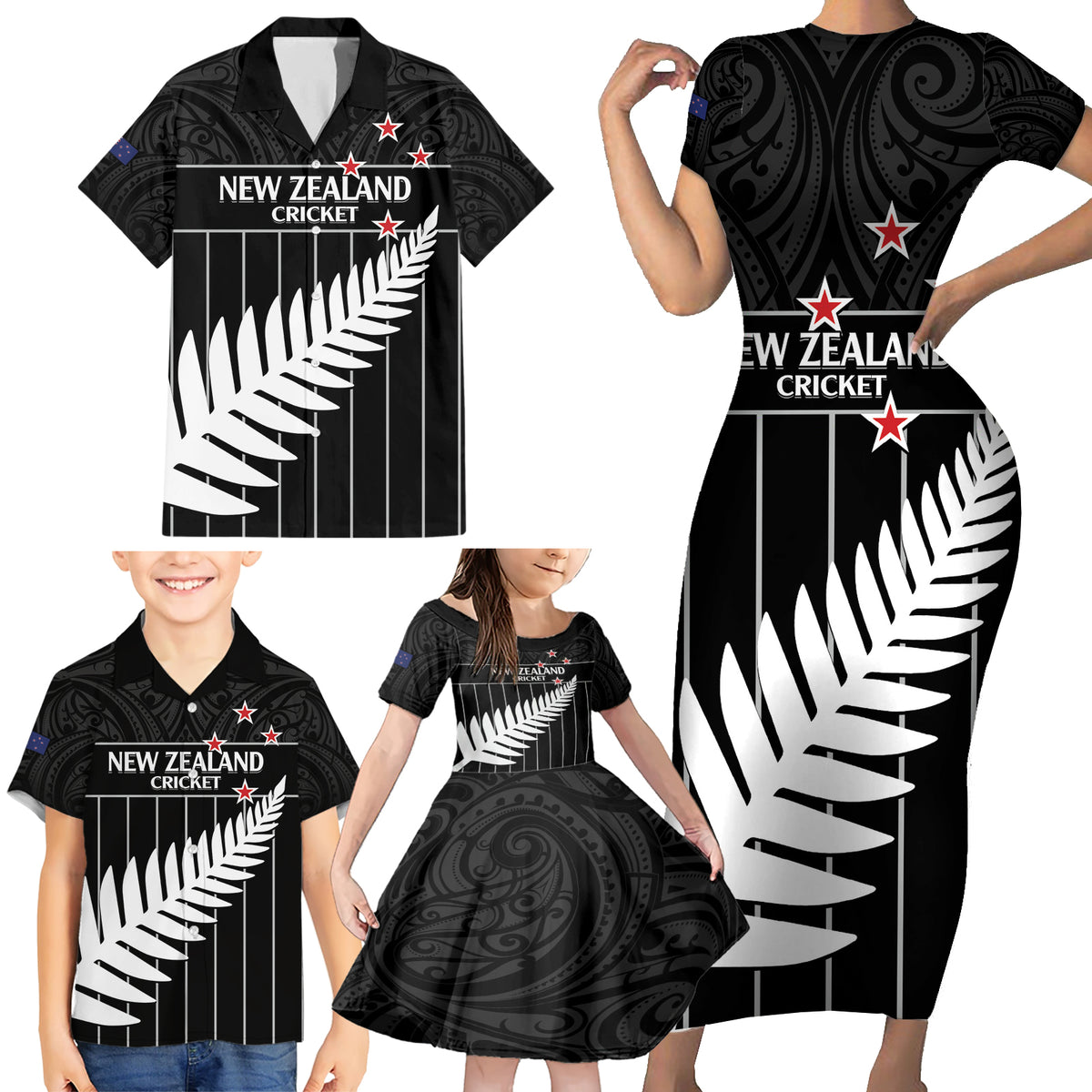 Custom New Zealand Silver Fern Cricket Family Matching Short Sleeve Bodycon Dress and Hawaiian Shirt Aotearoa Maori Go Black Cap LT14 - Polynesian Pride