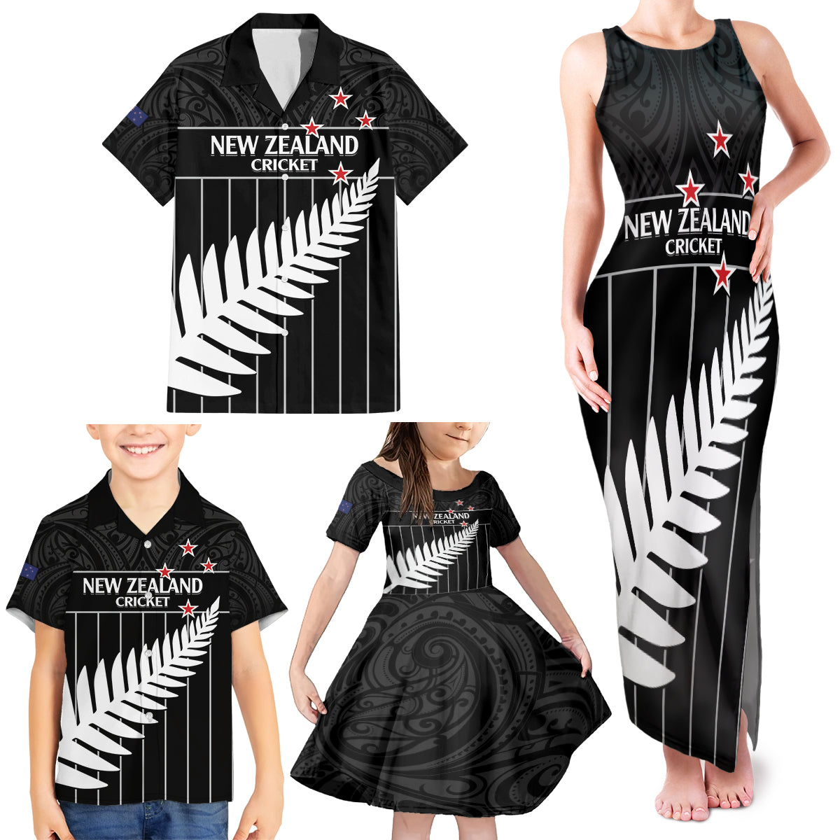 Custom New Zealand Silver Fern Cricket Family Matching Tank Maxi Dress and Hawaiian Shirt Aotearoa Maori Go Black Cap LT14 - Polynesian Pride