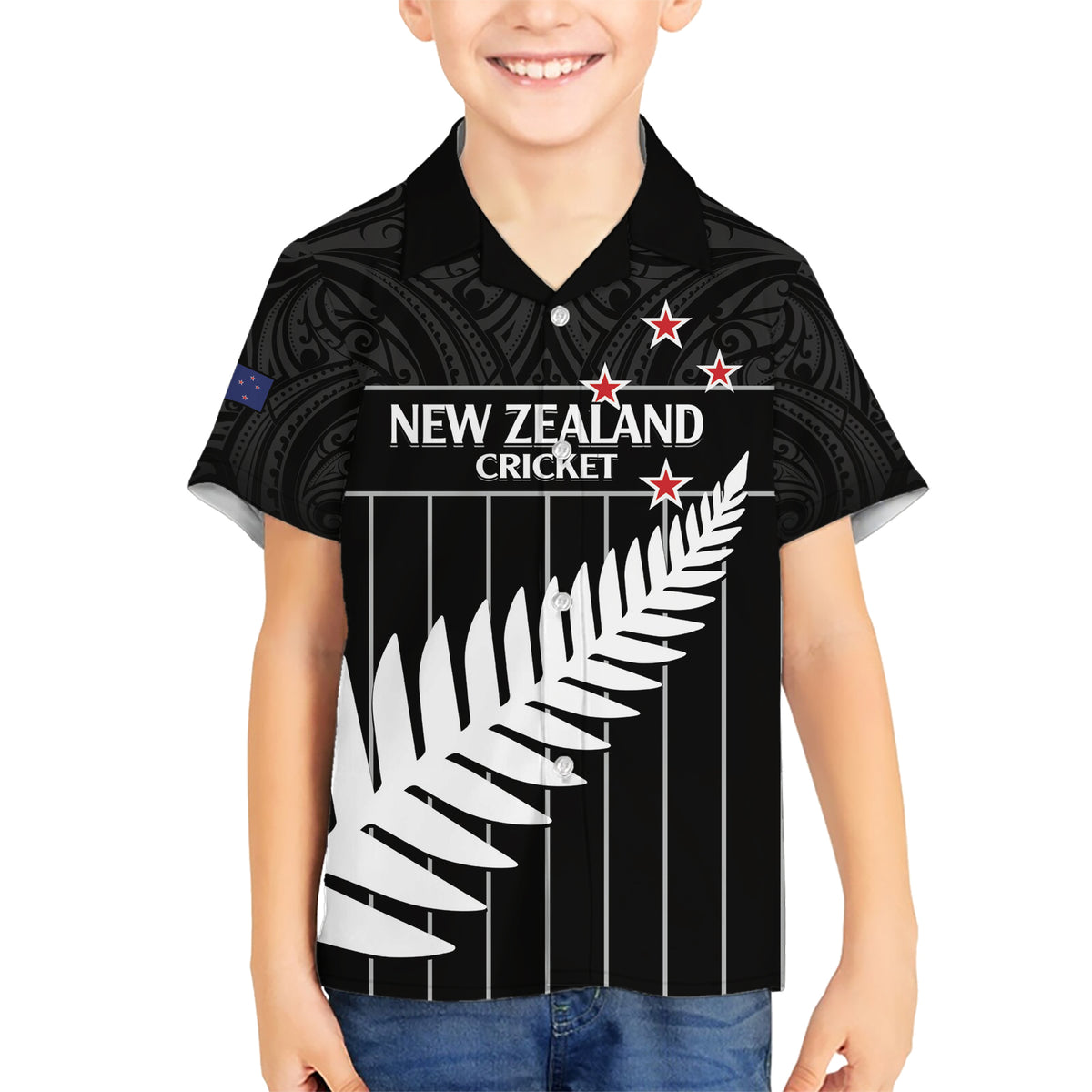 Custom New Zealand Silver Fern Cricket Kid Hawaiian Shirt Aotearoa Maori Go Black Cap LT14 Kid Black - Polynesian Pride