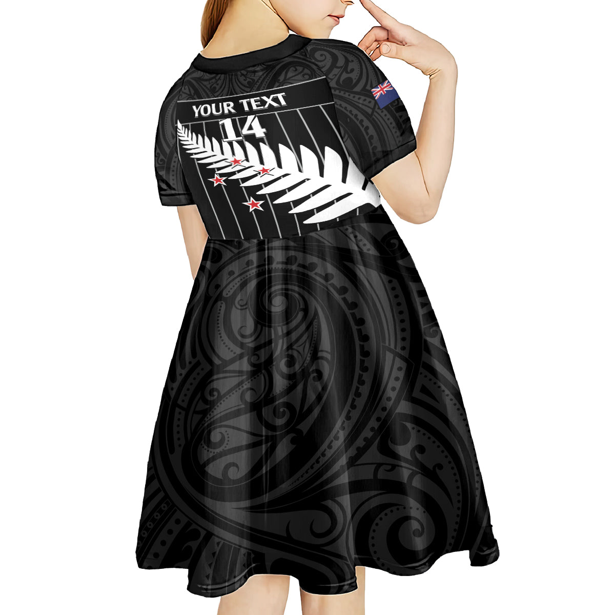 Custom New Zealand Silver Fern Cricket Kid Short Sleeve Dress Aotearoa Maori Go Black Cap LT14 - Polynesian Pride