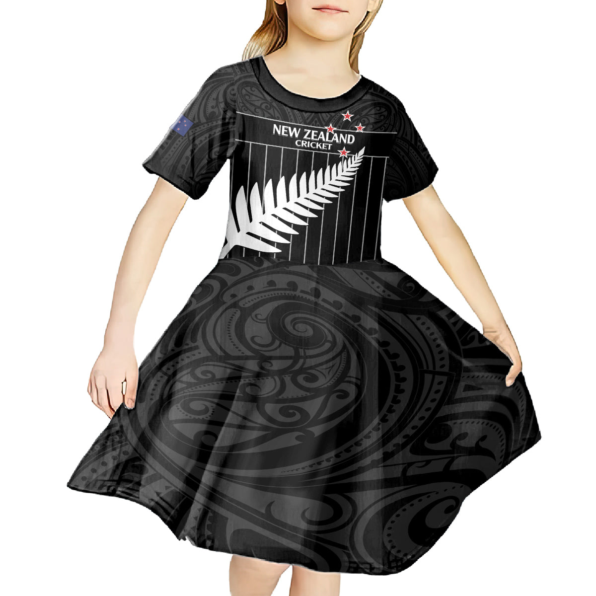 Custom New Zealand Silver Fern Cricket Kid Short Sleeve Dress Aotearoa Maori Go Black Cap LT14 - Polynesian Pride