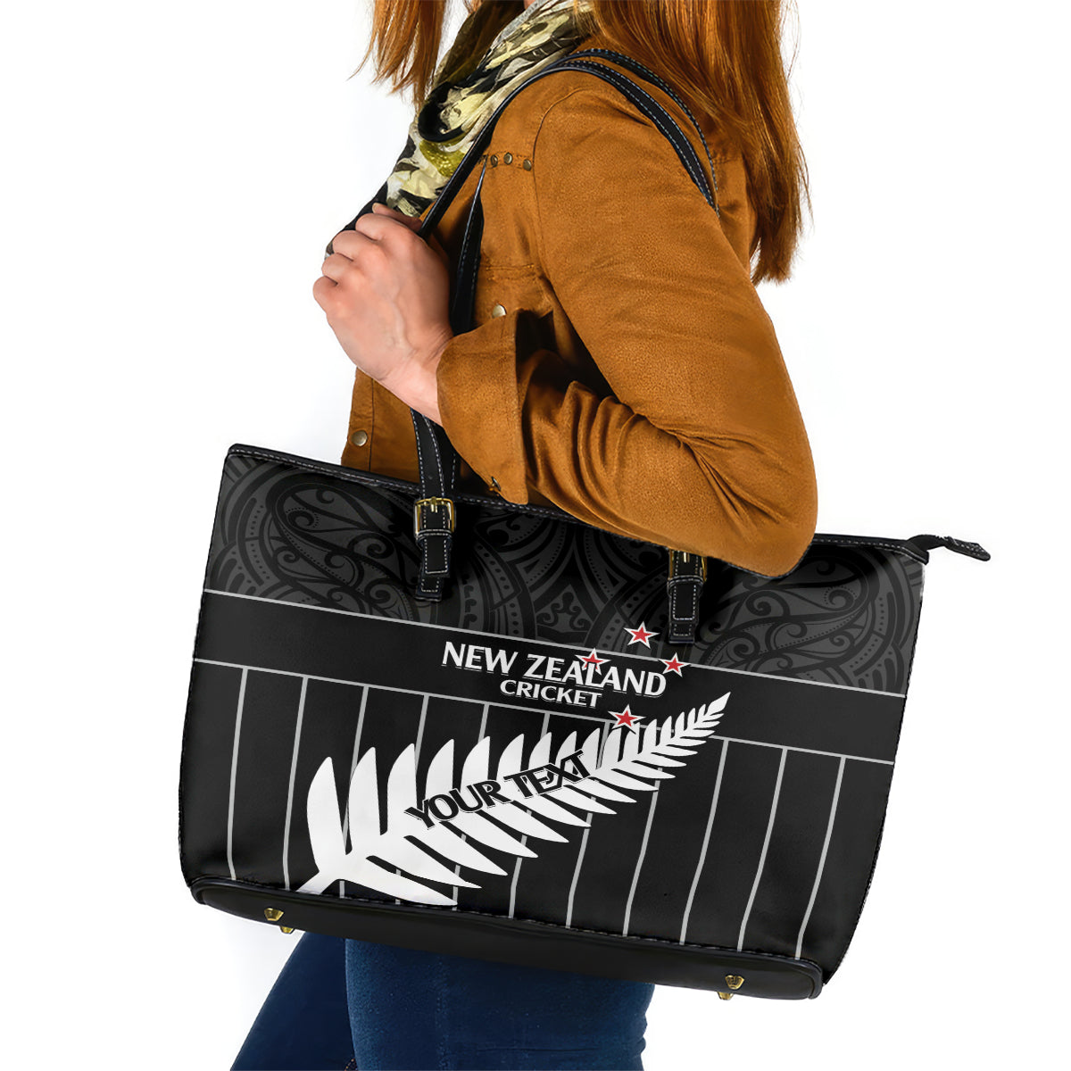 Custom New Zealand Silver Fern Cricket Leather Tote Bag Aotearoa Maori Go Black Cap LT14 Black - Polynesian Pride