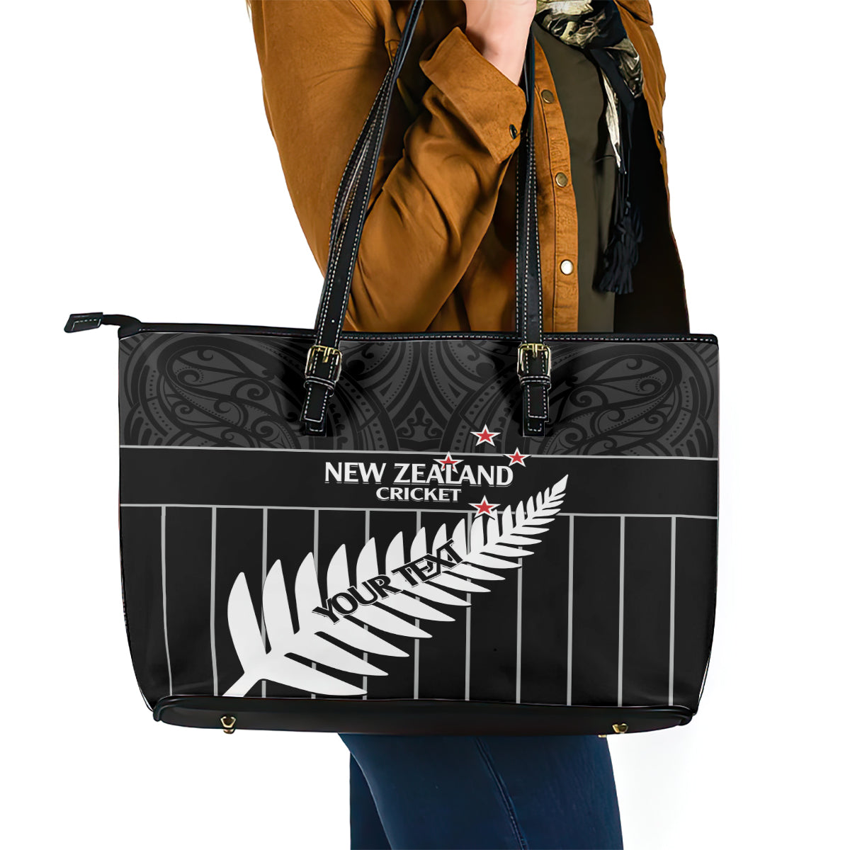 Custom New Zealand Silver Fern Cricket Leather Tote Bag Aotearoa Maori Go Black Cap LT14 - Polynesian Pride