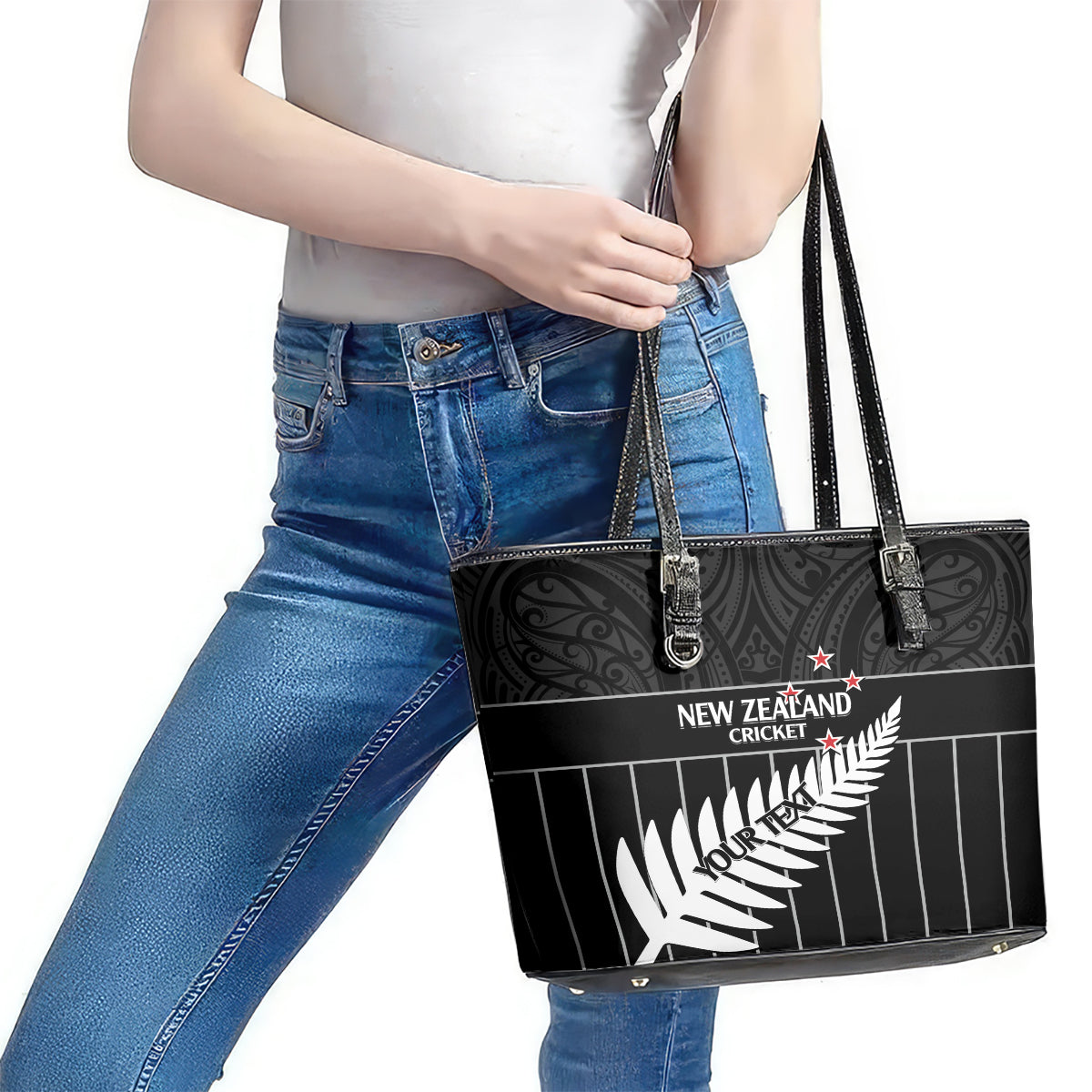 Custom New Zealand Silver Fern Cricket Leather Tote Bag Aotearoa Maori Go Black Cap LT14 - Polynesian Pride
