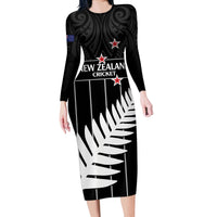 Custom New Zealand Silver Fern Cricket Long Sleeve Bodycon Dress Aotearoa Maori Go Black Cap LT14 Long Dress Black - Polynesian Pride