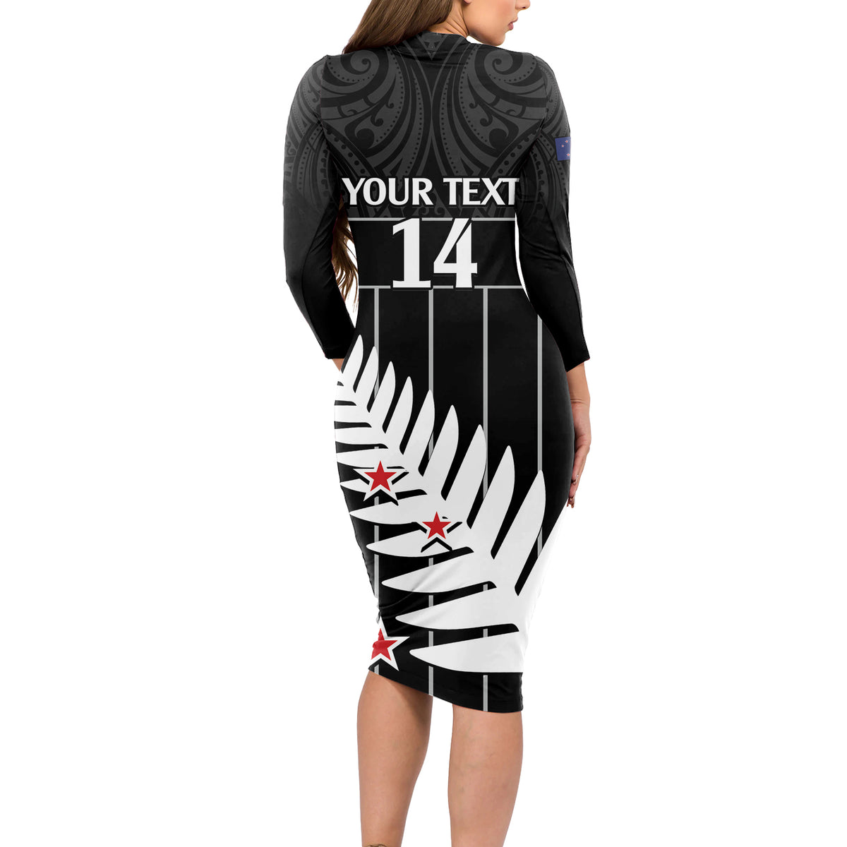 Custom New Zealand Silver Fern Cricket Long Sleeve Bodycon Dress Aotearoa Maori Go Black Cap LT14 - Polynesian Pride