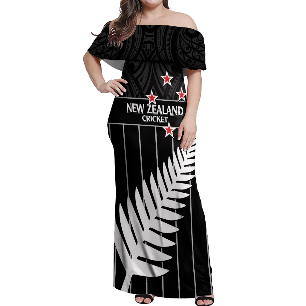 Custom New Zealand Silver Fern Cricket Off Shoulder Maxi Dress Aotearoa Maori Go Black Cap LT14 Women Black - Polynesian Pride
