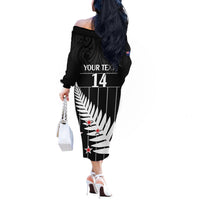 Custom New Zealand Silver Fern Cricket Off The Shoulder Long Sleeve Dress Aotearoa Maori Go Black Cap LT14 - Polynesian Pride