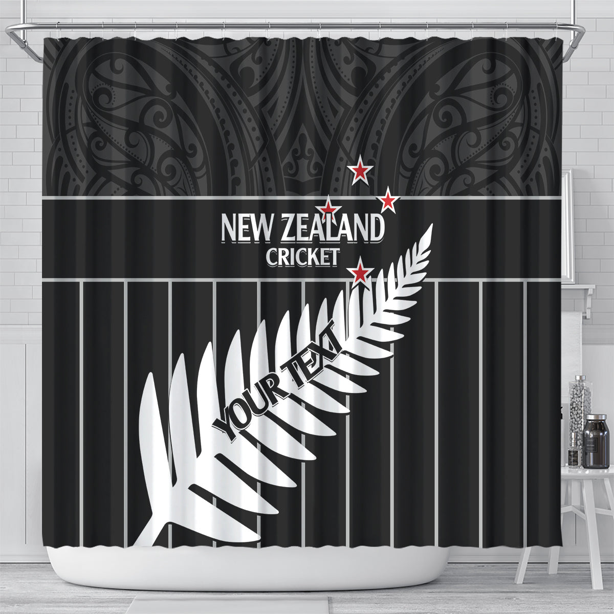 Custom New Zealand Silver Fern Cricket Shower Curtain Aotearoa Maori Go Black Cap LT14 - Polynesian Pride