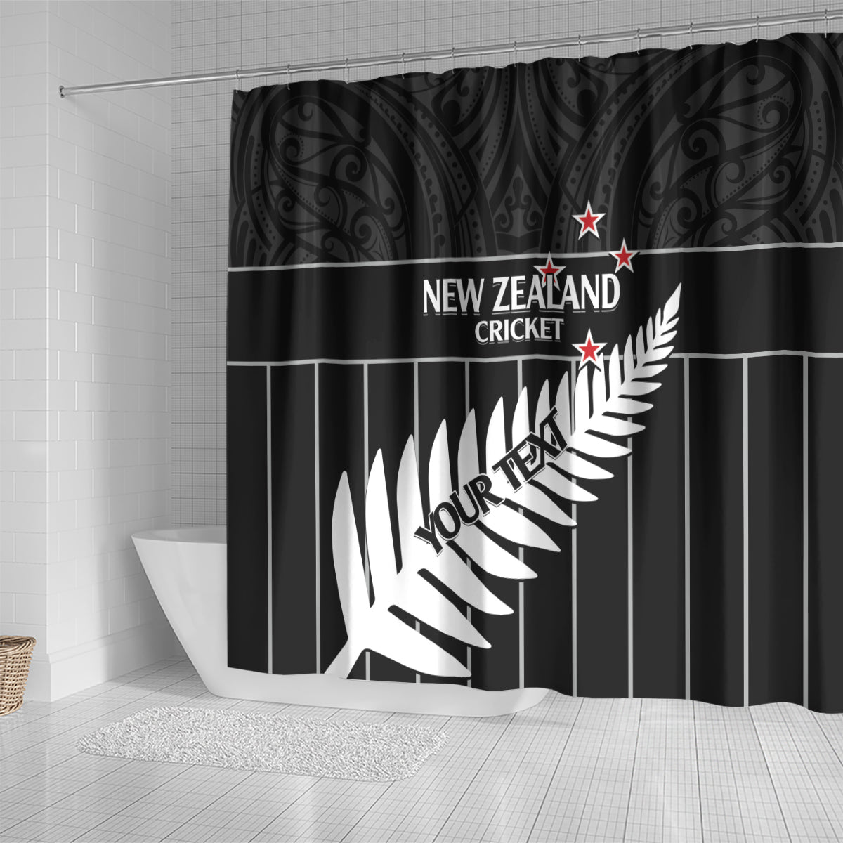 Custom New Zealand Silver Fern Cricket Shower Curtain Aotearoa Maori Go Black Cap LT14 - Polynesian Pride