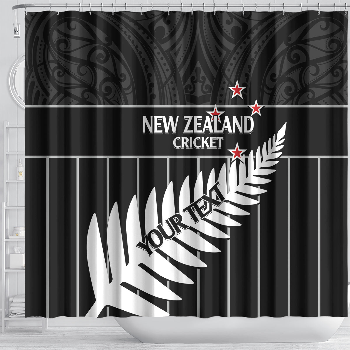 Custom New Zealand Silver Fern Cricket Shower Curtain Aotearoa Maori Go Black Cap LT14 - Polynesian Pride