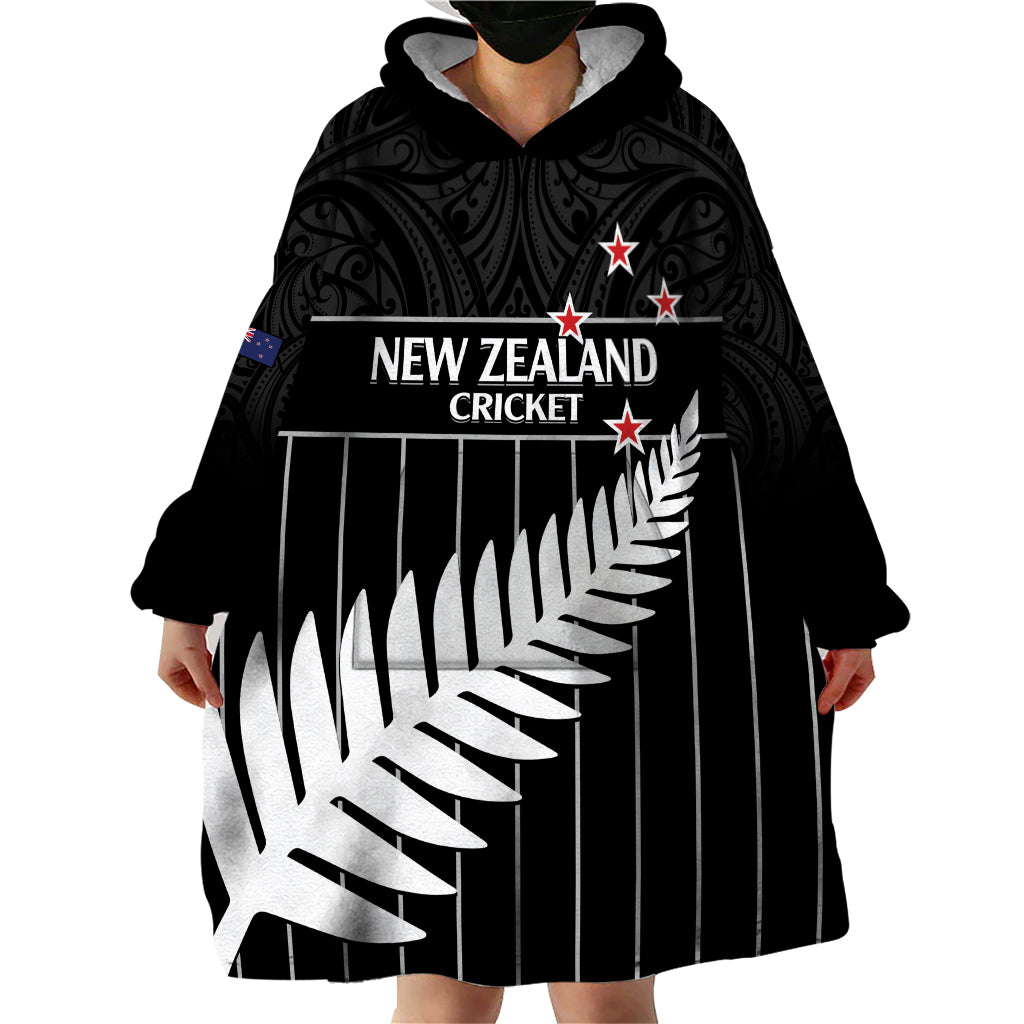 Custom New Zealand Silver Fern Cricket Wearable Blanket Hoodie Aotearoa Maori Go Black Cap LT14 - Polynesian Pride