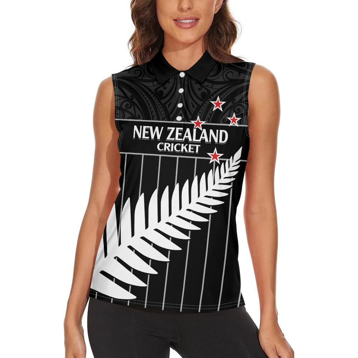 Custom New Zealand Silver Fern Cricket Women Sleeveless Polo Shirt Aotearoa Maori Go Black Cap LT14 - Polynesian Pride