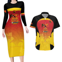 Custom Papua New Guinea Cricket Couples Matching Long Sleeve Bodycon Dress and Hawaiian Shirt 2024 Go PNG LT14 Black - Polynesian Pride