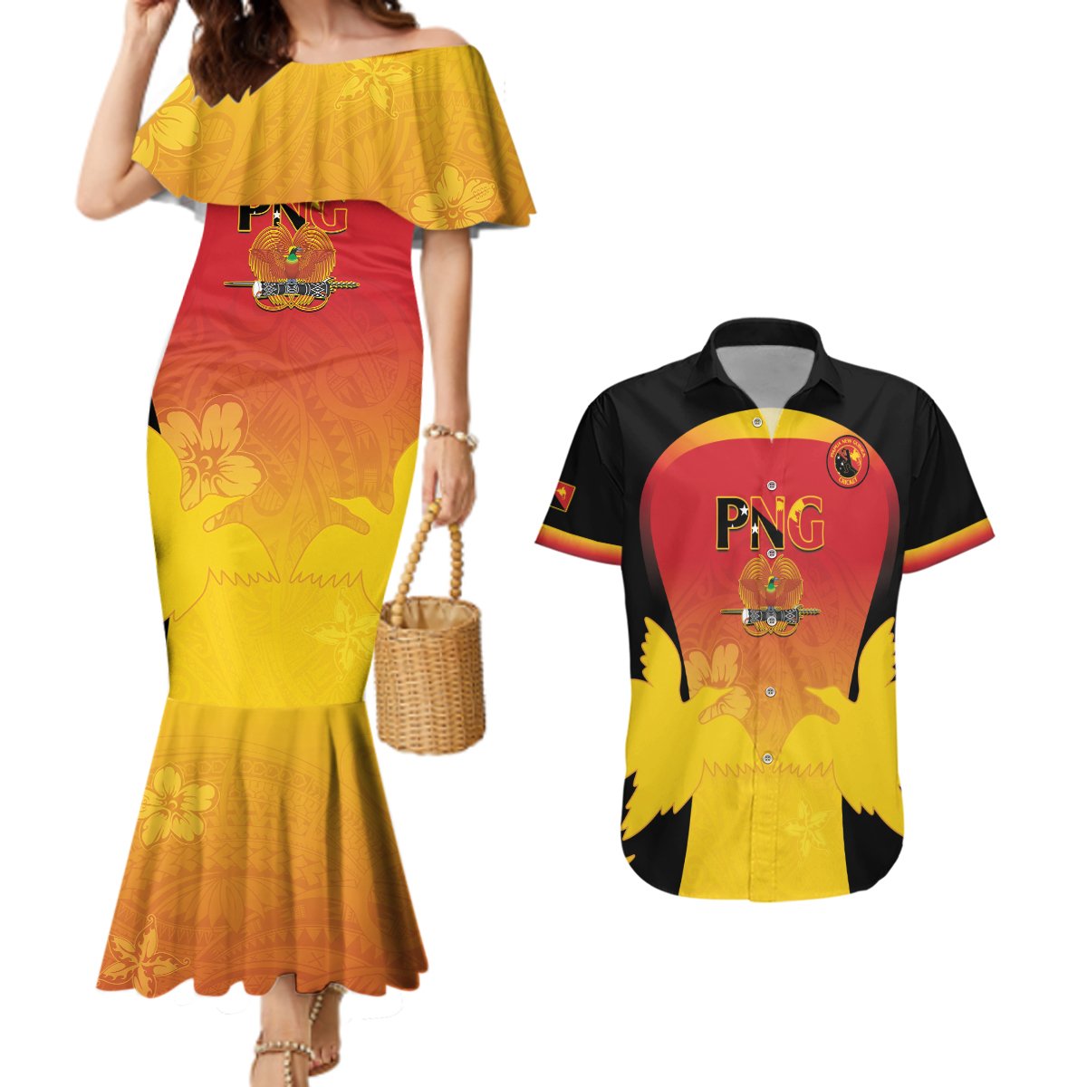 Custom Papua New Guinea Cricket Couples Matching Mermaid Dress and Hawaiian Shirt 2024 Go PNG LT14 Black - Polynesian Pride