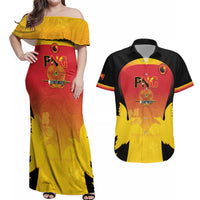 Custom Papua New Guinea Cricket Couples Matching Off Shoulder Maxi Dress and Hawaiian Shirt 2024 Go PNG LT14 Black - Polynesian Pride