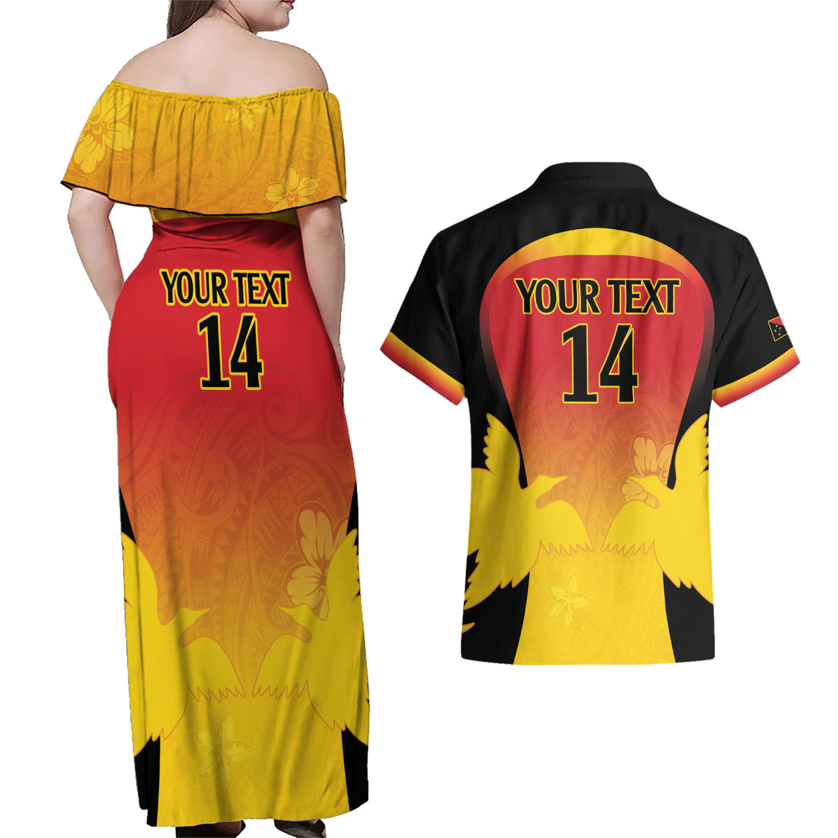 Custom Papua New Guinea Cricket Couples Matching Off Shoulder Maxi Dress and Hawaiian Shirt 2024 Go PNG LT14 - Polynesian Pride