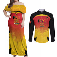 Custom Papua New Guinea Cricket Couples Matching Off Shoulder Maxi Dress and Long Sleeve Button Shirt 2024 Go PNG LT14 Black - Polynesian Pride