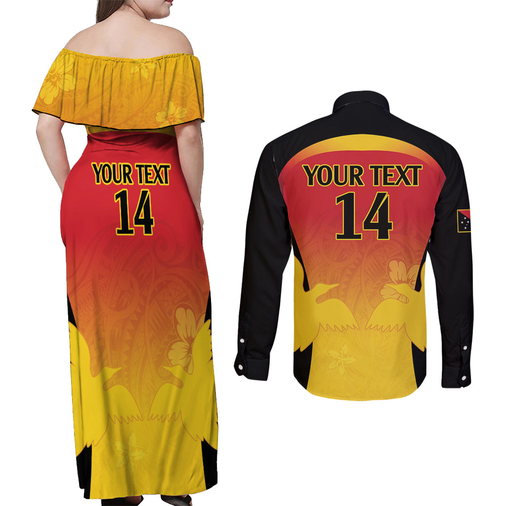 Custom Papua New Guinea Cricket Couples Matching Off Shoulder Maxi Dress and Long Sleeve Button Shirt 2024 Go PNG LT14 - Polynesian Pride