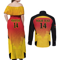 Custom Papua New Guinea Cricket Couples Matching Off Shoulder Maxi Dress and Long Sleeve Button Shirt 2024 Go PNG LT14 - Polynesian Pride
