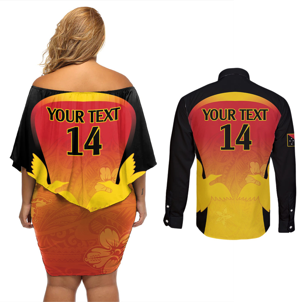 Custom Papua New Guinea Cricket Couples Matching Off Shoulder Short Dress and Long Sleeve Button Shirt 2024 Go PNG LT14 - Polynesian Pride