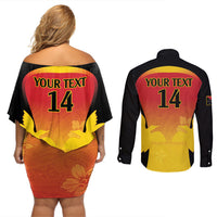 Custom Papua New Guinea Cricket Couples Matching Off Shoulder Short Dress and Long Sleeve Button Shirt 2024 Go PNG LT14 - Polynesian Pride