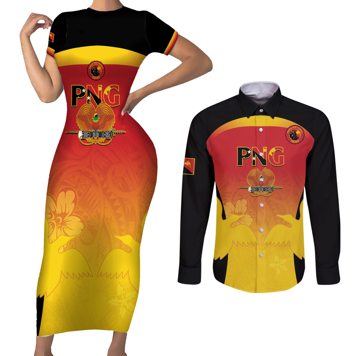 Custom Papua New Guinea Cricket Couples Matching Short Sleeve Bodycon Dress and Long Sleeve Button Shirt 2024 Go PNG LT14 Black - Polynesian Pride