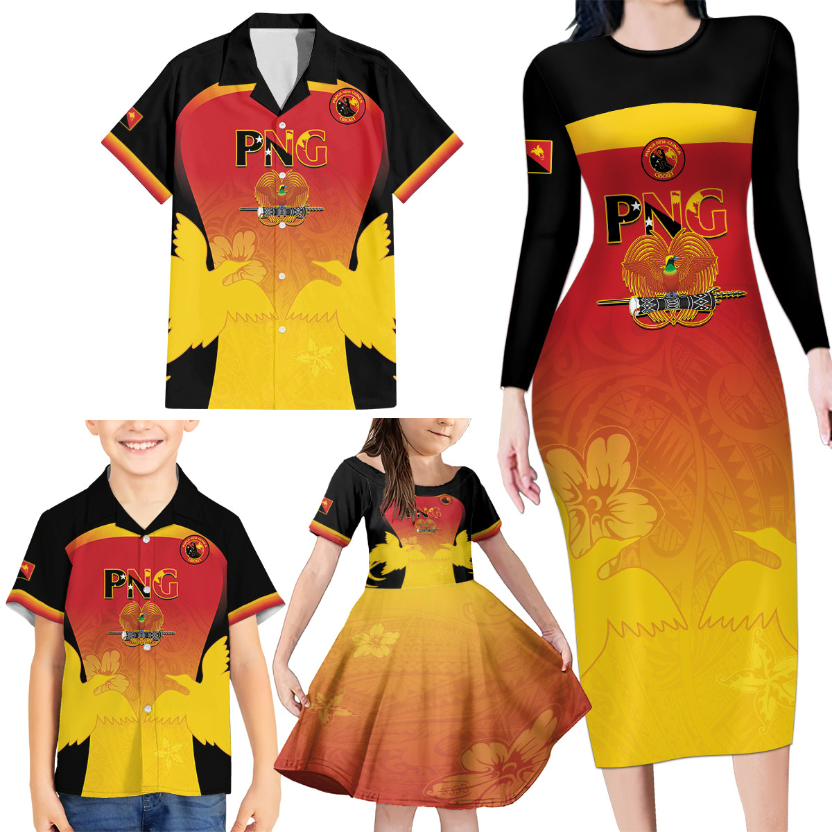 Custom Papua New Guinea Cricket Family Matching Long Sleeve Bodycon Dress and Hawaiian Shirt 2024 Go PNG LT14 - Polynesian Pride